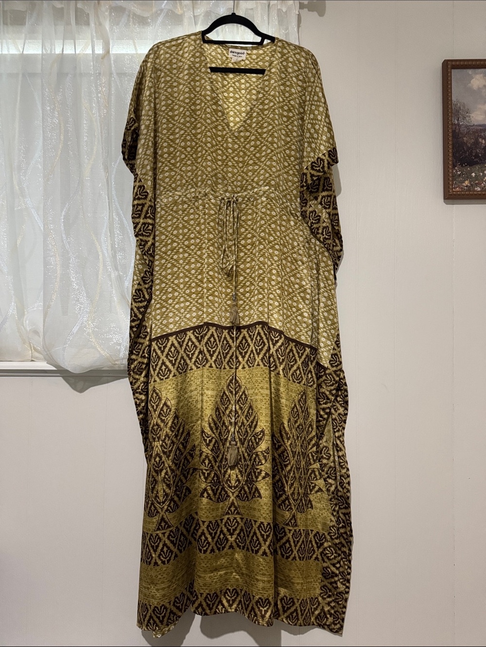 Boho Olive Green Patterned Caftan Dress with Tie Waist
